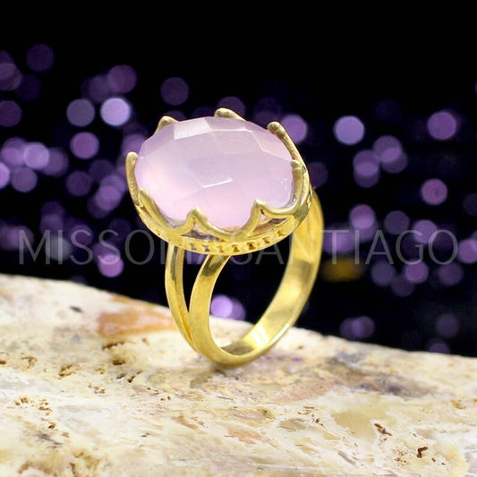 Rose Chalcedony Gold Plated Brass Ring