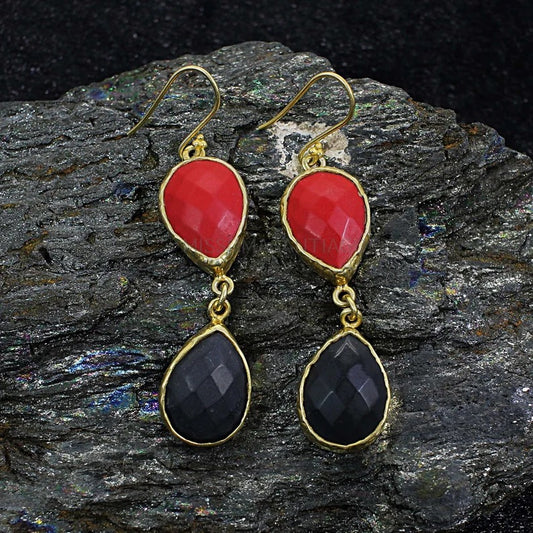 Black Onyx & Red Coral Gemstone Earrings