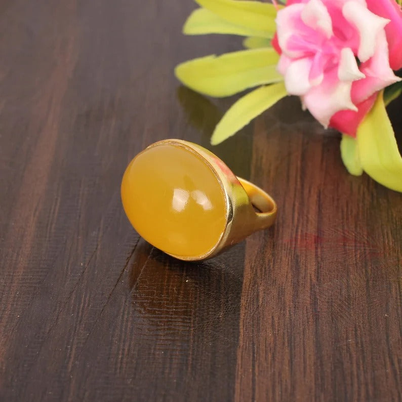 Yellow Chalcedony Gold Plated Brass Ring