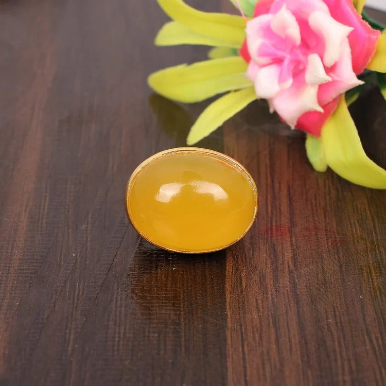 Yellow Chalcedony Gold Plated Brass Ring