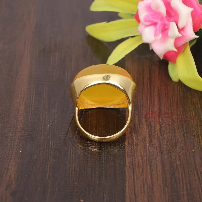 Yellow Chalcedony Gold Plated Brass Ring