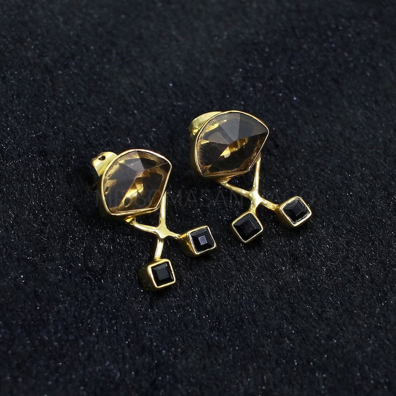 Smoky Quartz & Black Onyx Gemstone Studs Earrings