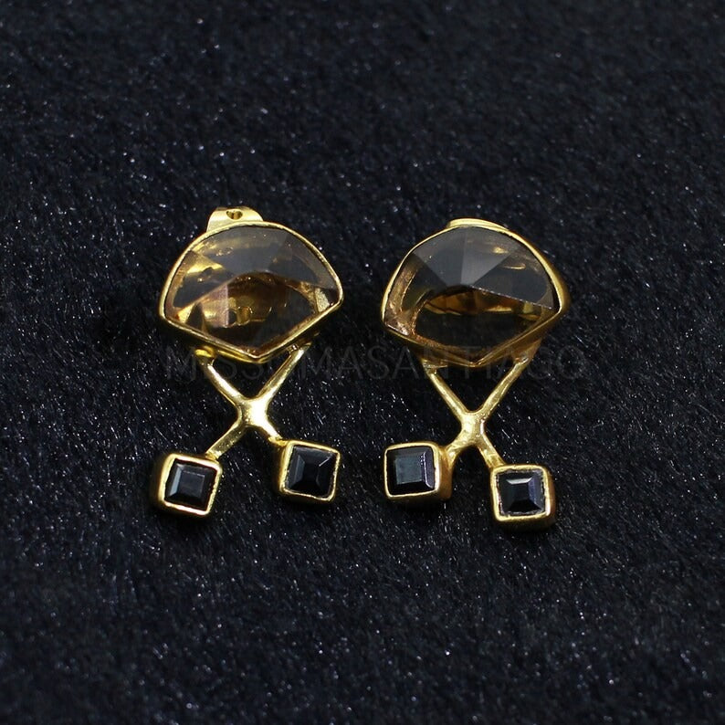 Smoky Quartz & Black Onyx Gemstone Studs Earrings