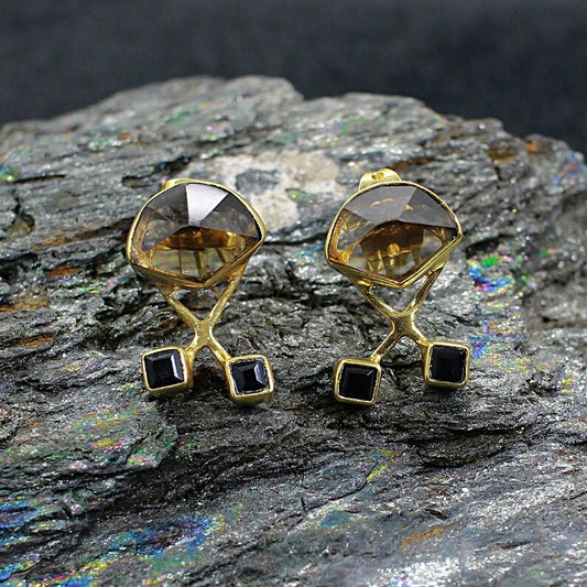 Smoky Quartz & Black Onyx Gemstone Studs Earrings