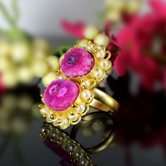 Pink Solar Quartz Gold Plated Ring