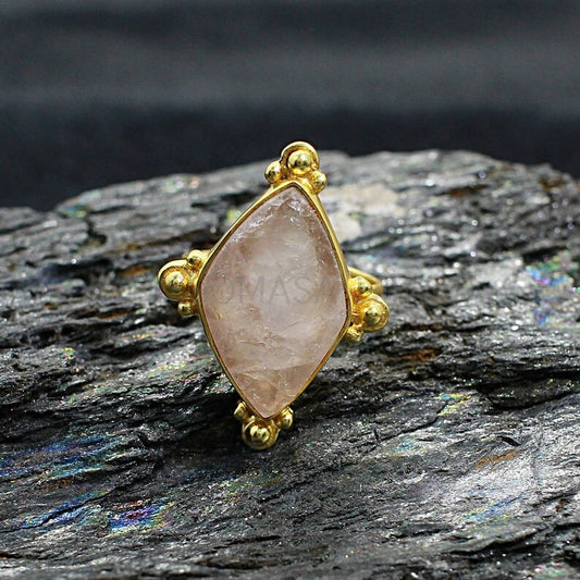 Rose Quartz Rough Gold Plated Brass Ring