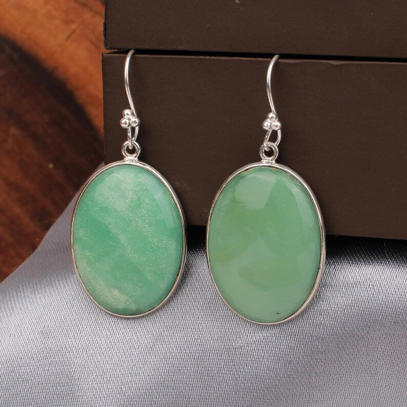 925 Sterling Silver Oval Green Chrysoprase Gemstone Earring