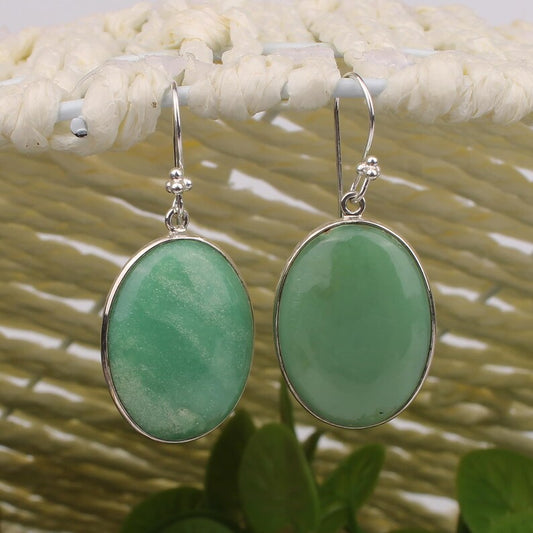 925 Sterling Silver Oval Green Chrysoprase Gemstone Earring