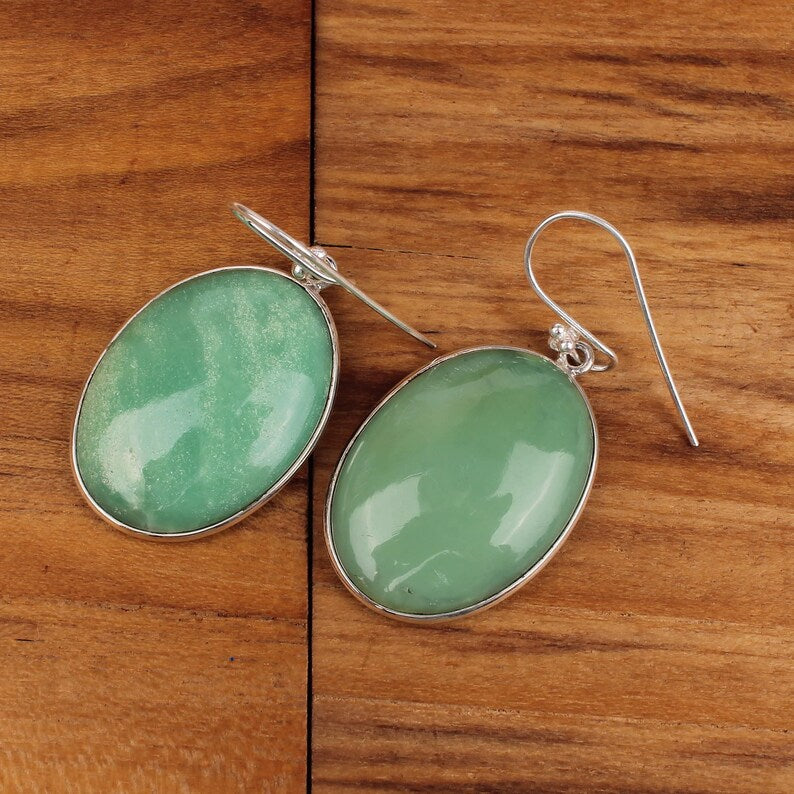 925 Sterling Silver Oval Green Chrysoprase Gemstone Earring