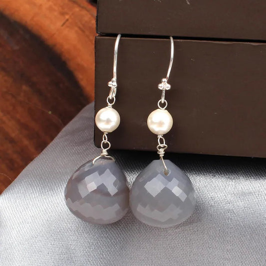 925 Sterling Silver Gray Chalcedony And Pearl Beaded Drops Earrings