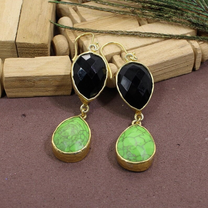 Copper Turquoise And Black Onyx 925 Sterling Silver Earring