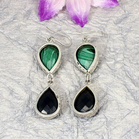 Green Malachite And Black Onyx Gemstone 925 Silver Earrings.