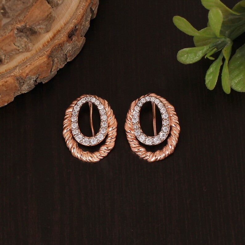 925 Sterling Silver Rose Gold Plated White Cz Stone Earring