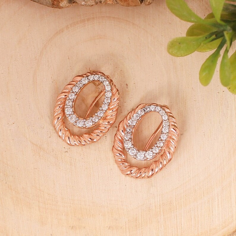 925 Sterling Silver Rose Gold Plated White Cz Stone Earring