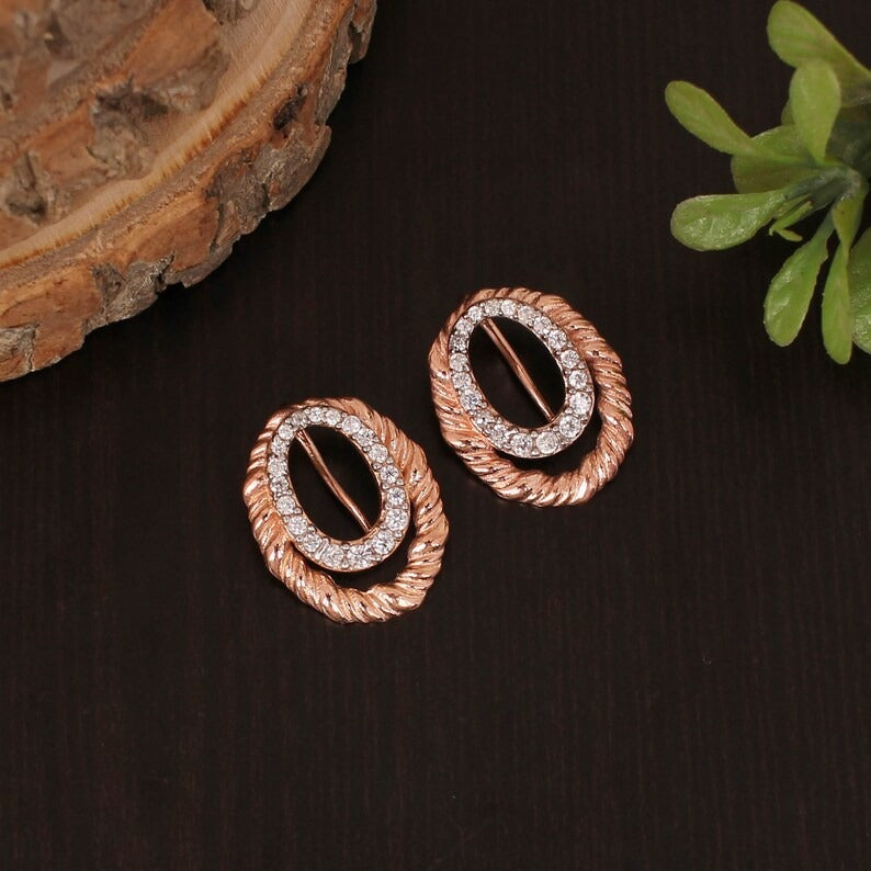 925 Sterling Silver Rose Gold Plated White Cz Stone Earring