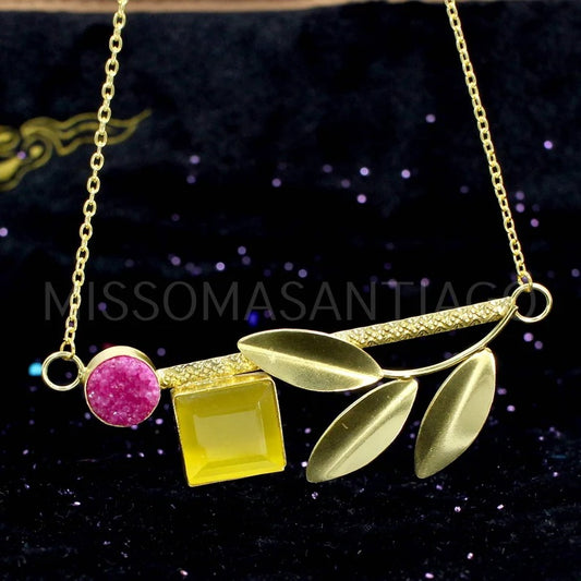 Yellow Cats Eye & Pink Druzy Handmade Necklace