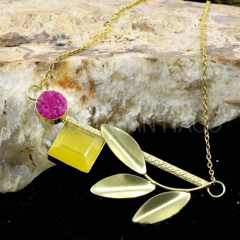 Yellow Cats Eye & Pink Druzy Handmade Necklace