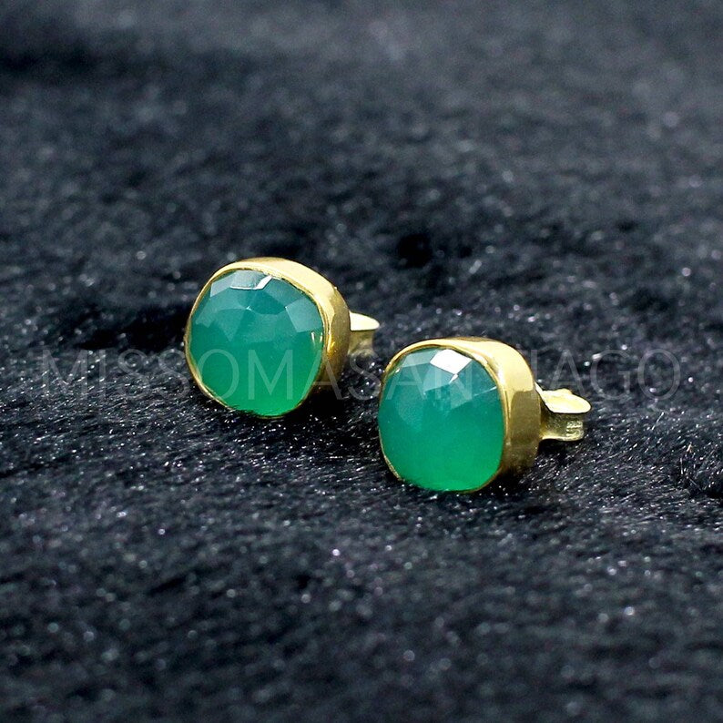 925 Sterling Silver Natural Green Onyx Studs