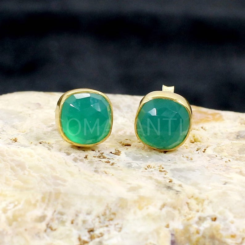 925 Sterling Silver Natural Green Onyx Studs