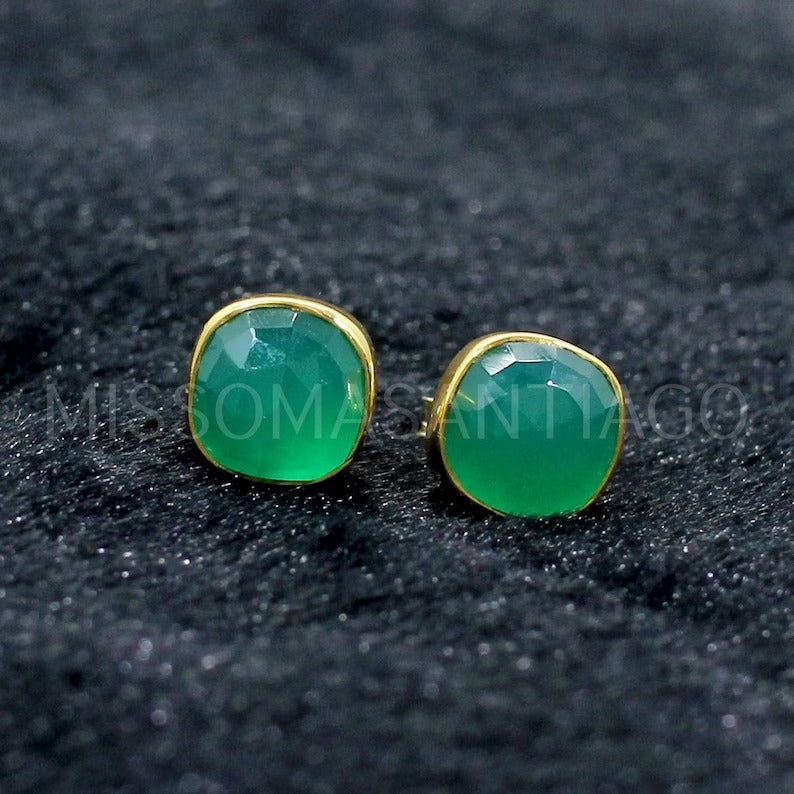 925 Sterling Silver Natural Green Onyx Studs