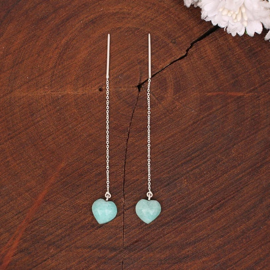 925 Silver Amazonite Gemstone Heart Shape Chain Earrings