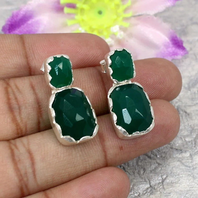 92.5 Sterling Silver Green Onyx Earrings