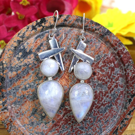 925 Sterling Silver Blue Fire Rainbow Moonstone Cross Earrings