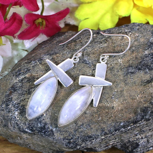 925 Silver Blue Fire Rainbow Moonstone Earrings