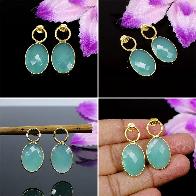 925 Sterling Silver Green Chalcedony Oval Gemstone Earring