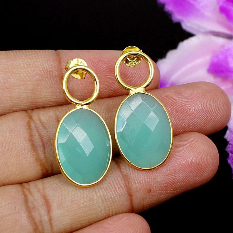 925 Sterling Silver Green Chalcedony Oval Gemstone Earring