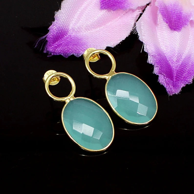 925 Sterling Silver Green Chalcedony Oval Gemstone Earring