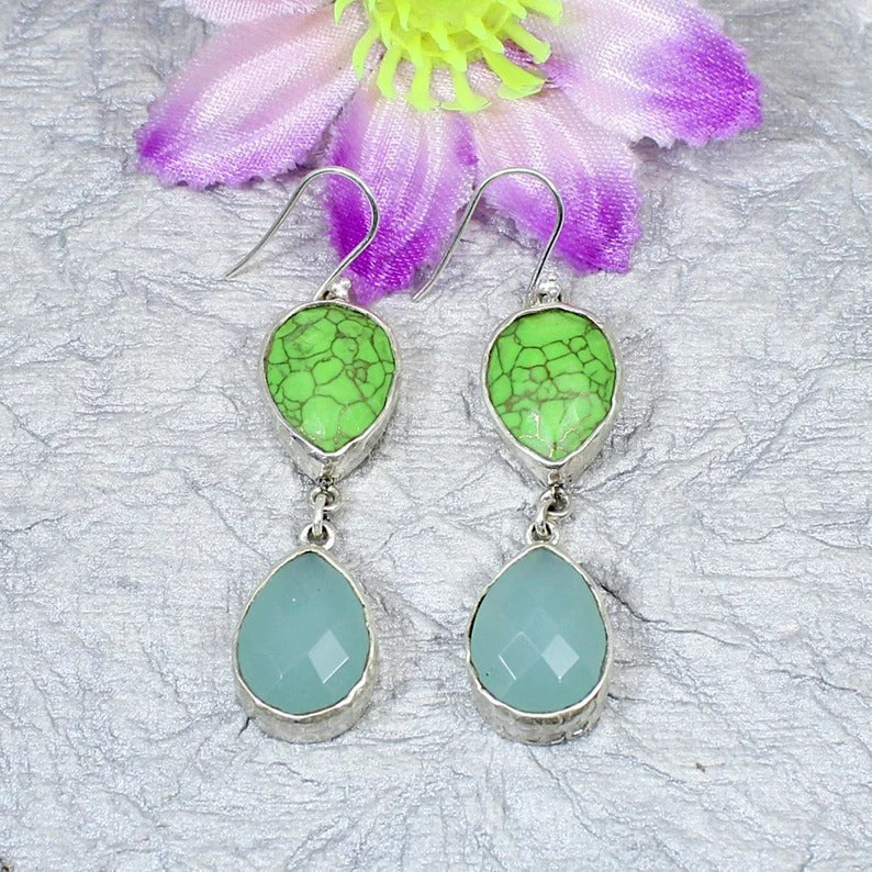 925 Sterling Silver Green Copper Turquoise Earring