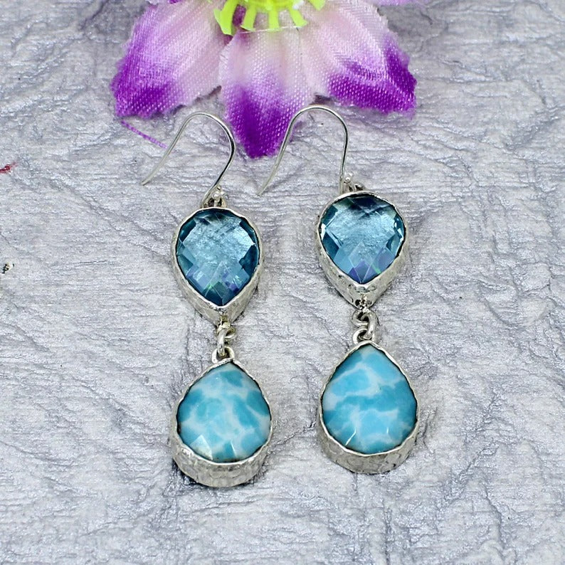 925 Sterling Silver Synthetic Larimar And Blue Topaz Hydro Earrings