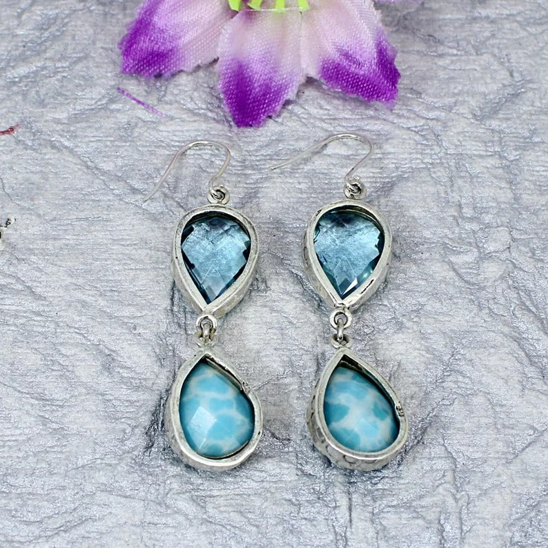 925 Sterling Silver Synthetic Larimar And Blue Topaz Hydro Earrings