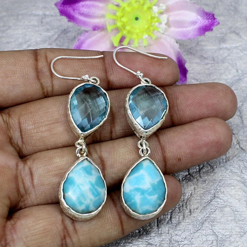 925 Sterling Silver Synthetic Larimar And Blue Topaz Hydro Earrings