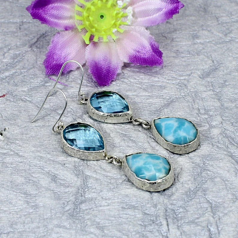 925 Sterling Silver Synthetic Larimar And Blue Topaz Hydro Earrings