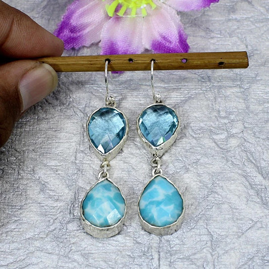 925 Sterling Silver Synthetic Larimar And Blue Topaz Hydro Earrings