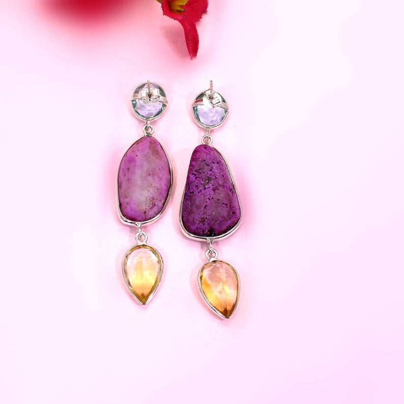 92.5 Sterling Silver Pink Aura Druzy Gemstone Earrings