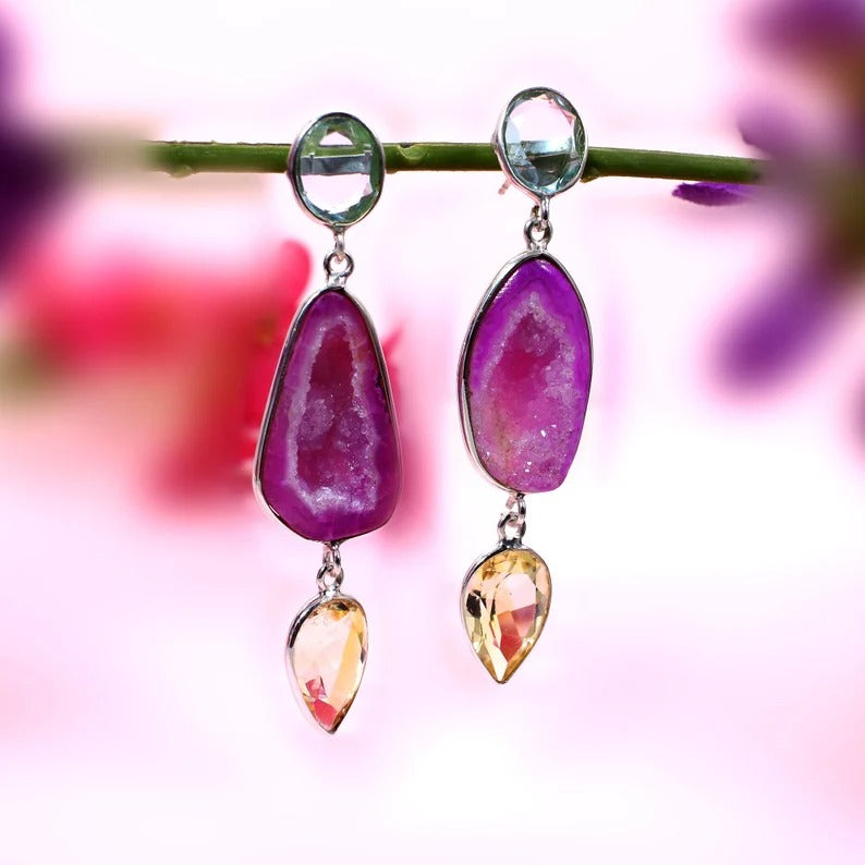 92.5 Sterling Silver Pink Aura Druzy Gemstone Earrings