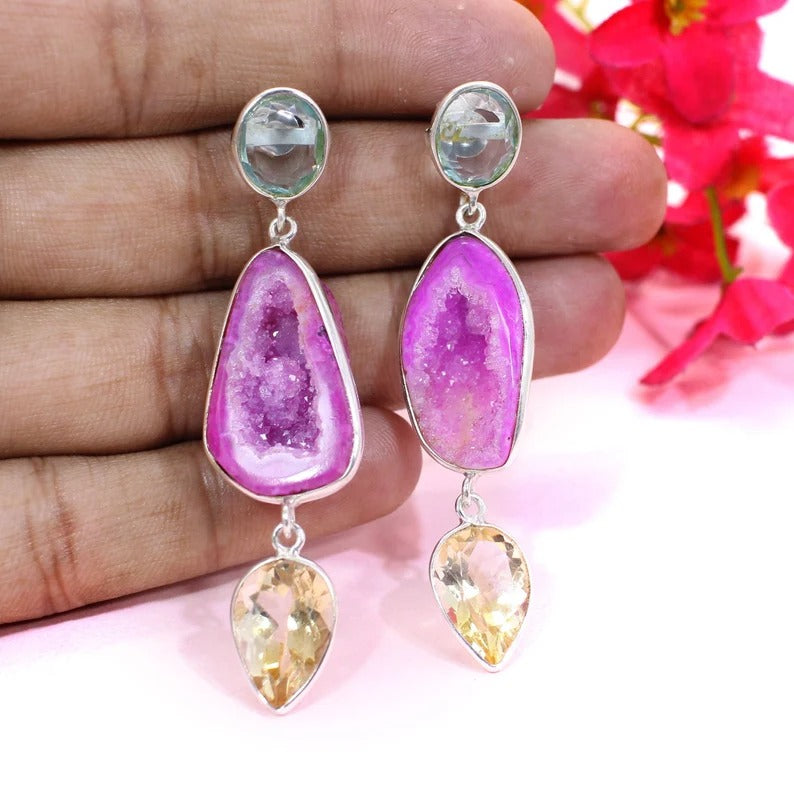 92.5 Sterling Silver Pink Aura Druzy Gemstone Earrings