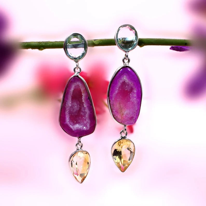 92.5 Sterling Silver Pink Aura Druzy Gemstone Earrings