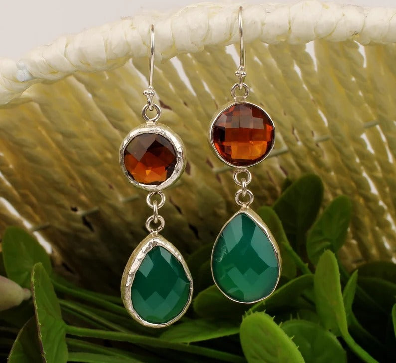 92.5 Sterling Silver Green Onyx  Earrings