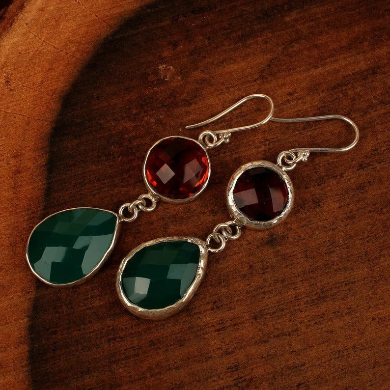 92.5 Sterling Silver Green Onyx  Earrings