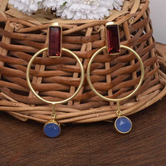 Blue Chalcedony And Pink Tourmaline Handmade Hoop Earrings