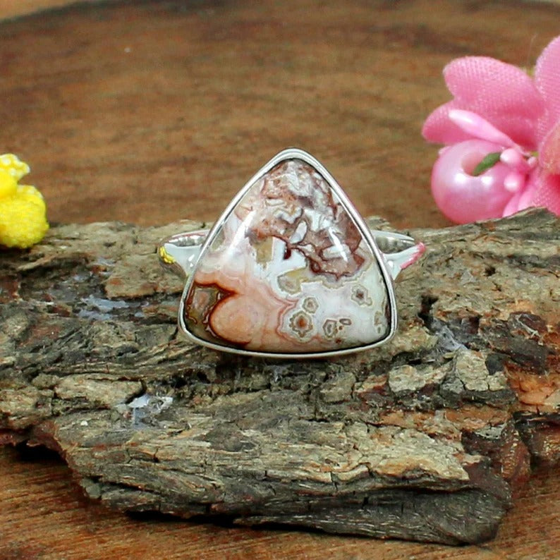 925 Sterling Silver Crazy Lace Agate Gemstone Triangle Ring