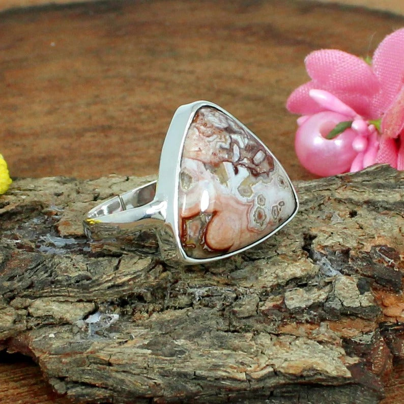 925 Sterling Silver Crazy Lace Agate Gemstone Triangle Ring