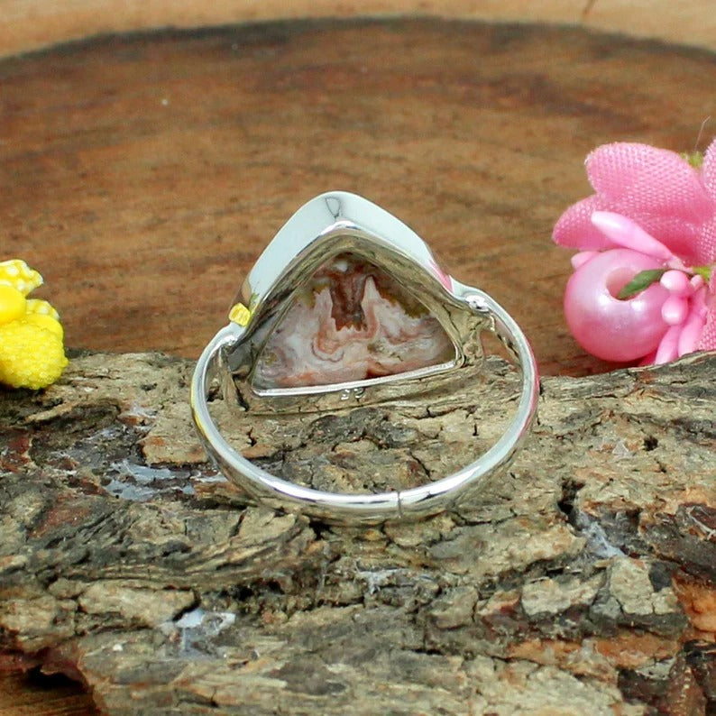 925 Sterling Silver Crazy Lace Agate Gemstone Triangle Ring