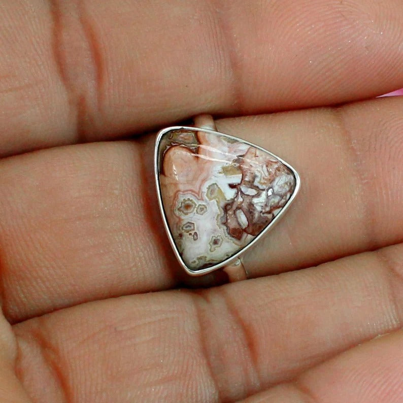 925 Sterling Silver Crazy Lace Agate Gemstone Triangle Ring