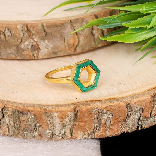 Natural Malachite Gemstone 925 Sterling Silver Hexagon Ring