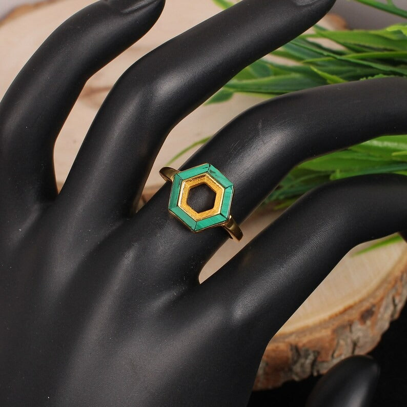 Natural Malachite Gemstone 925 Sterling Silver Hexagon Ring